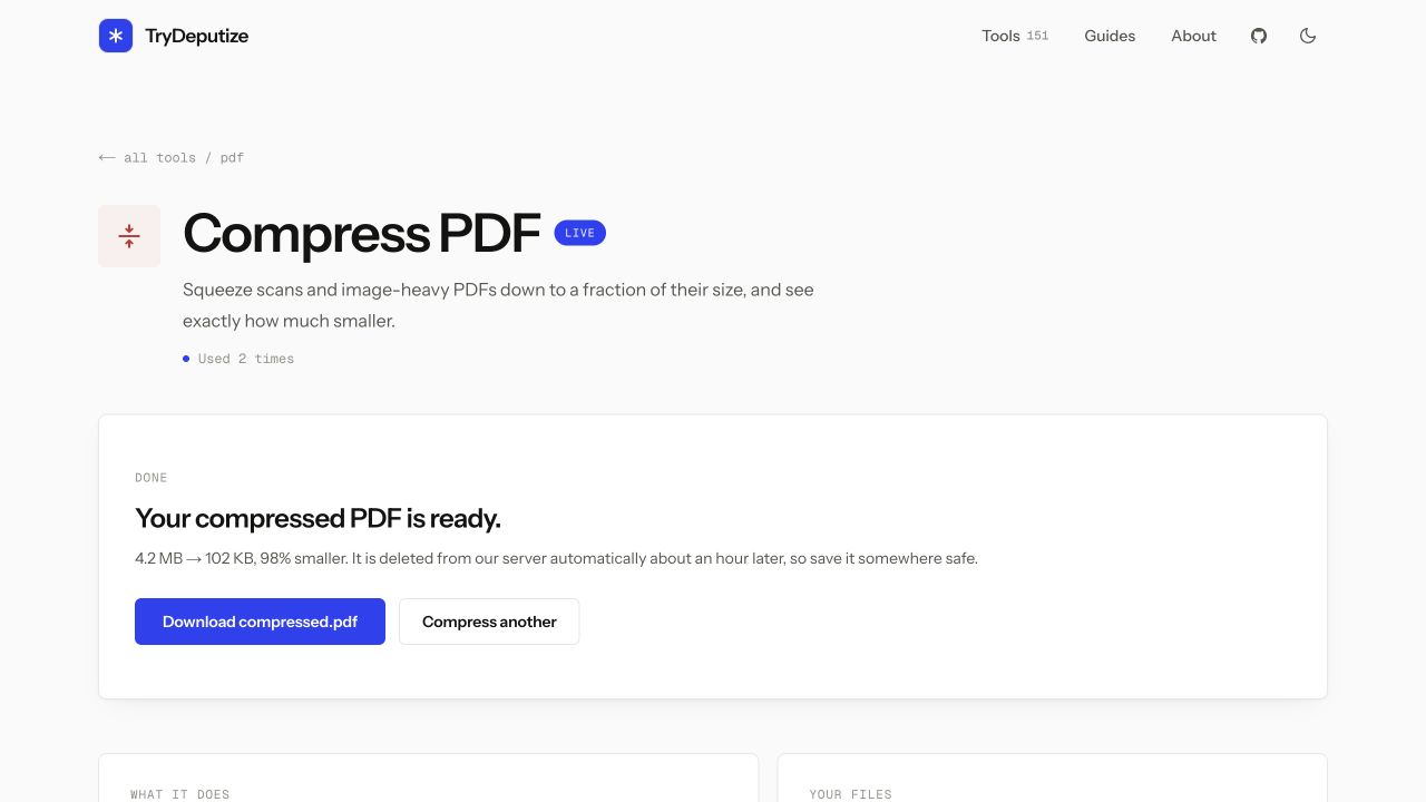 Compress PDF result showing a synthetic four-page scan reduced from 4.2 MB to 102 KB
