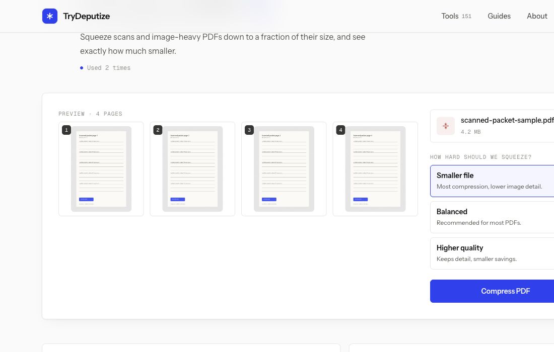 TryDeputize Compress PDF showing a four-page 4.2 MB scan with Smaller file selected