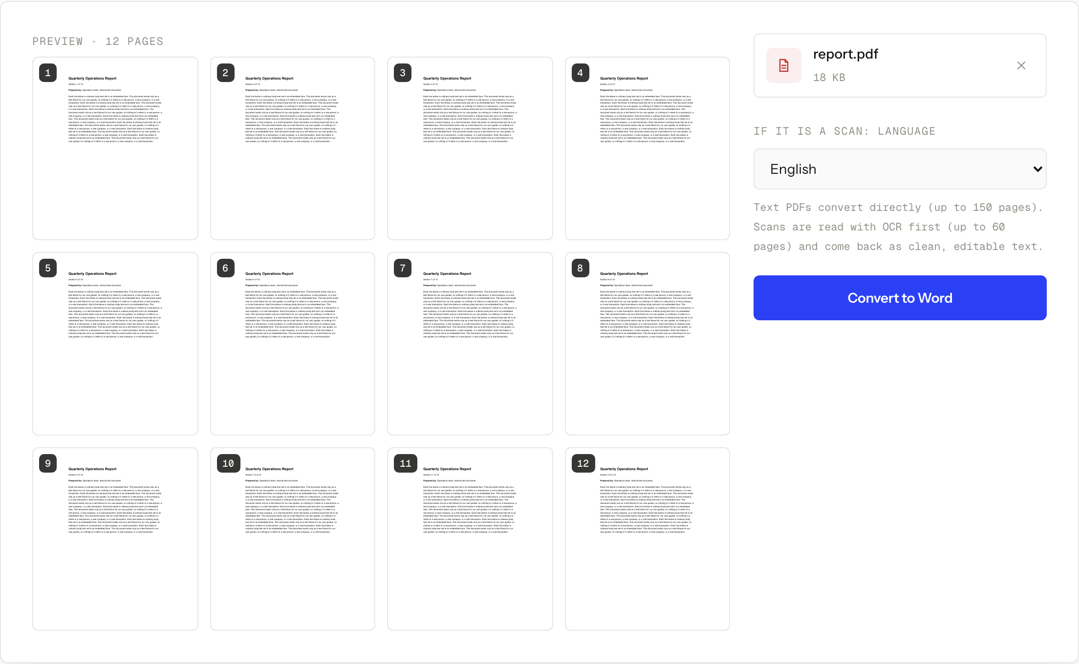 PDF to Word with a 12-page synthetic text document queued