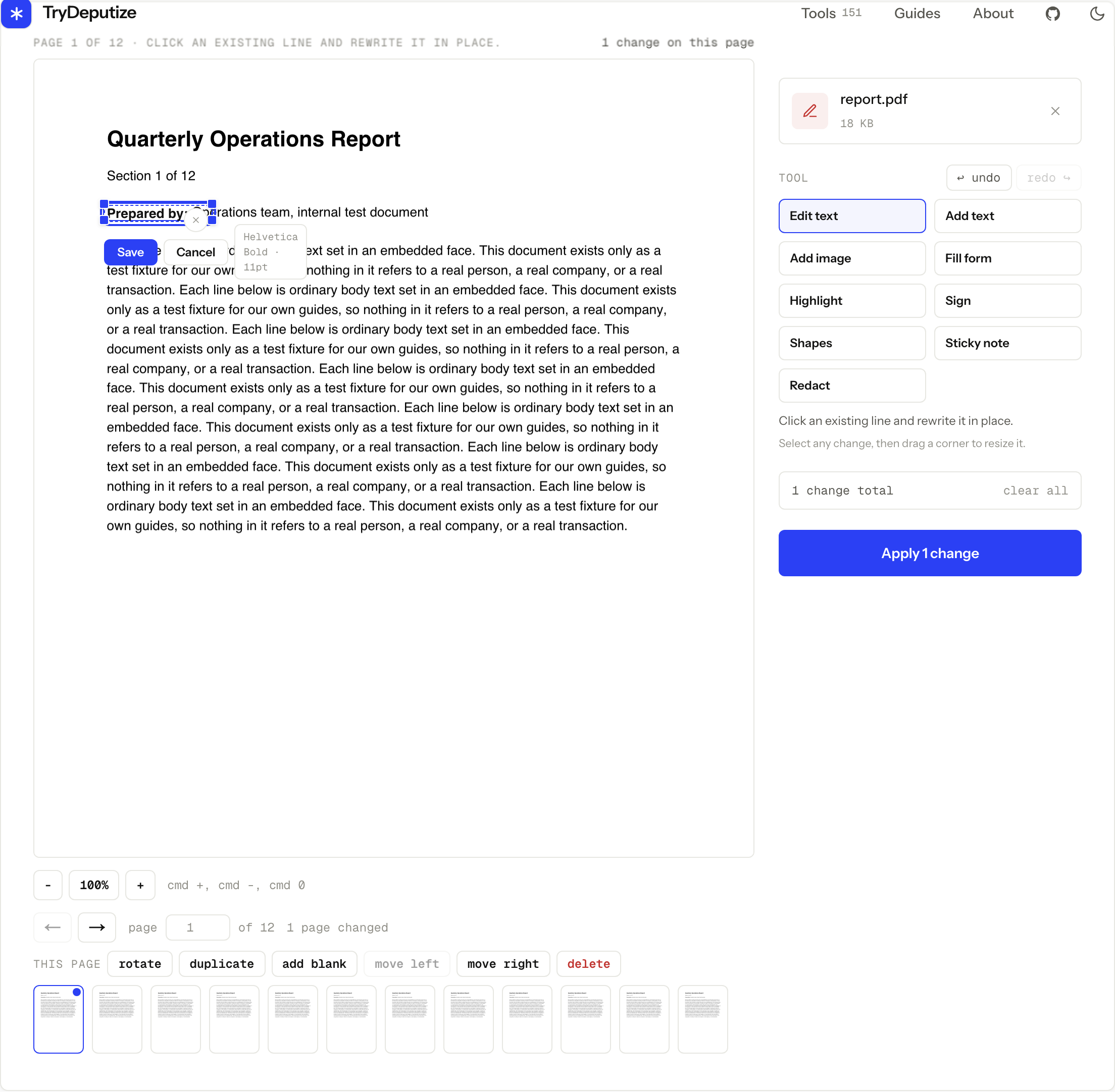 The Edit text workspace with a line clicked in a 12-page synthetic test document