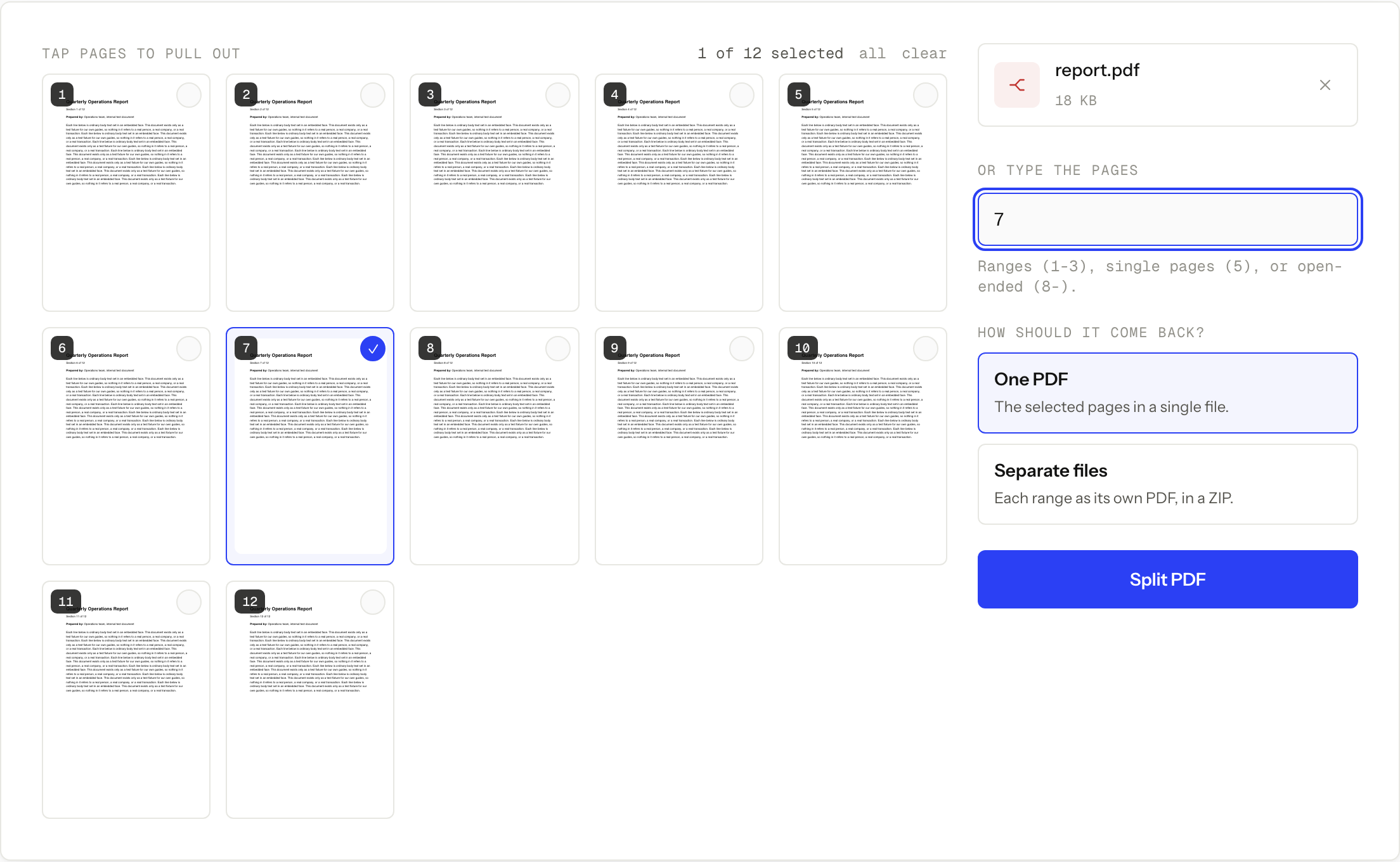 Split PDF with page 7 of a 12-page synthetic document selected