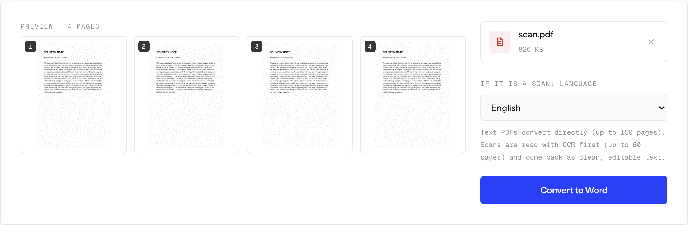 PDF to Word with an image-only synthetic scan queued