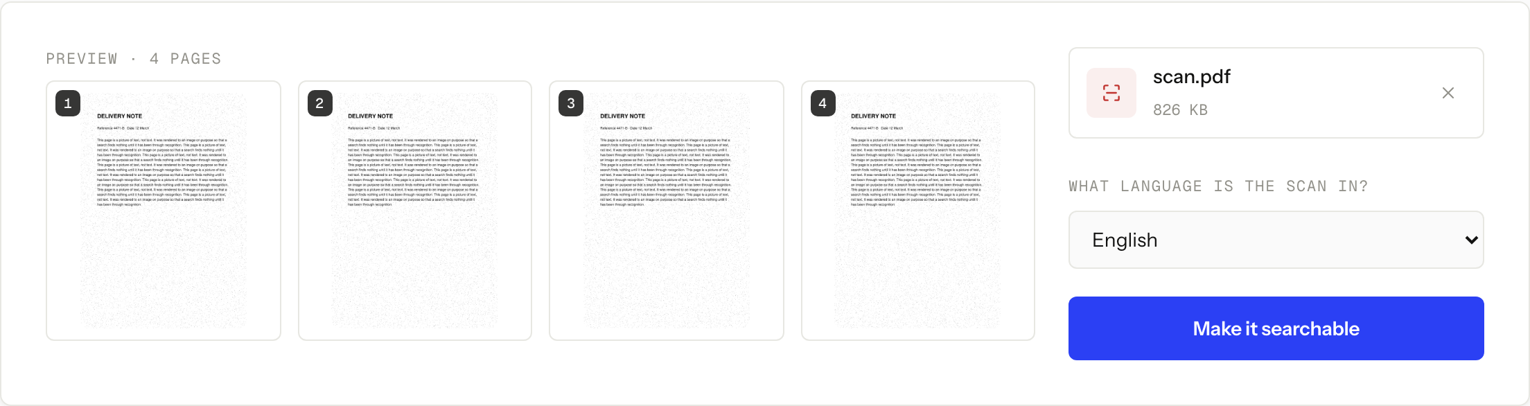 OCR PDF with a four-page synthetic scan queued and the language set to English
