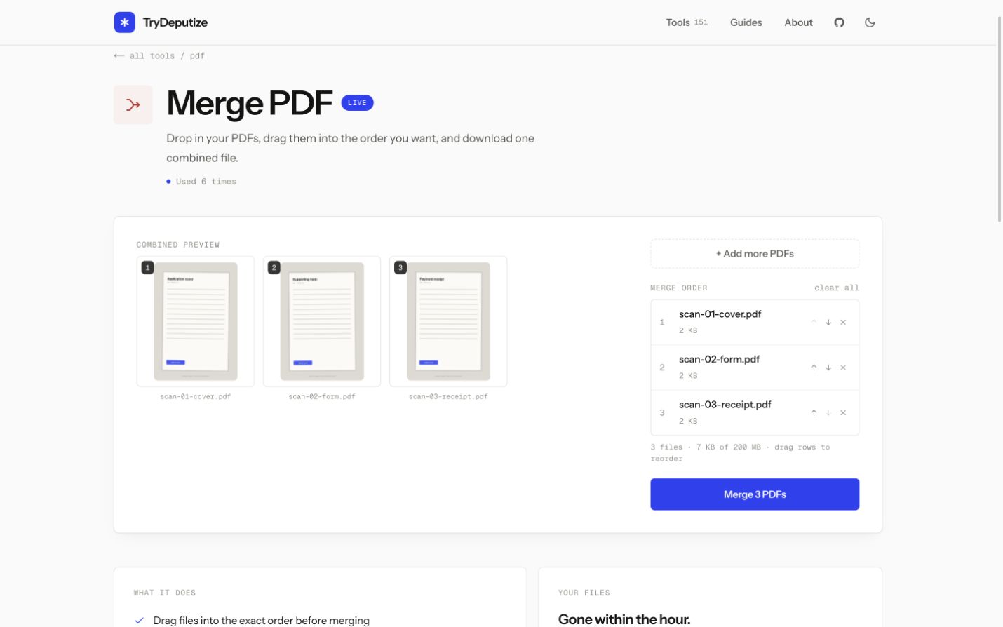 Merge PDF workspace with three synthetic PDFs in a checked merge order