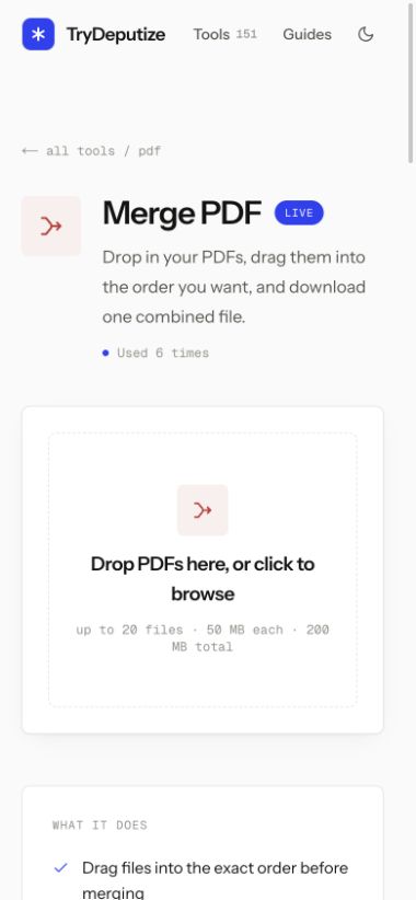 Live Merge PDF upload screen in a narrow mobile browser layout