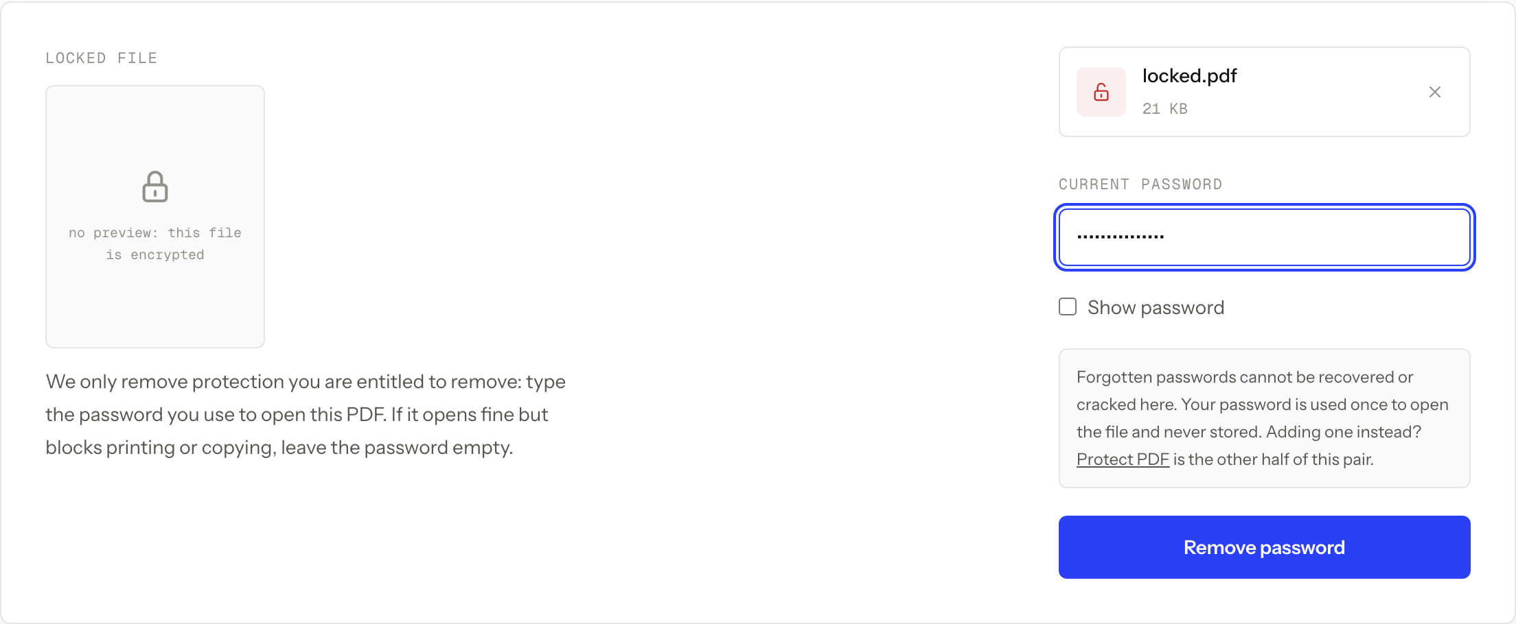 Unlock PDF with an AES-256 encrypted synthetic file queued and the password entered