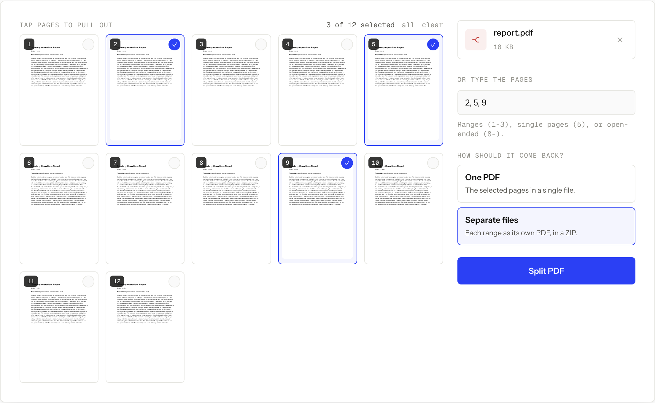 Split PDF with pages 2, 5 and 9 selected and Separate files chosen